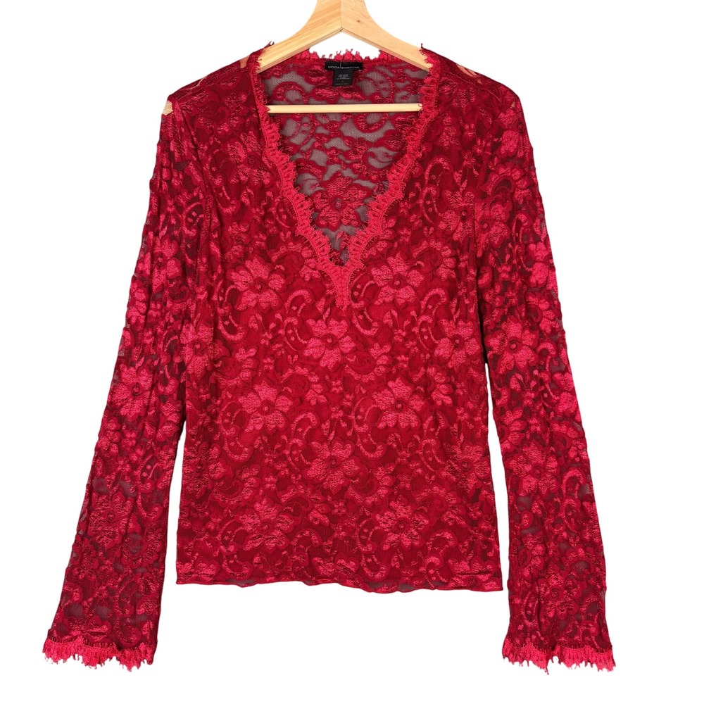 Moda International Red Floral Lace V-Neck Long Sleeve Top Eyelash Trim Large